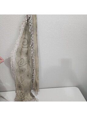 Floral Embroidered Sheer Beige Lace Scarf With Crochet Tassels And Elegant Trim